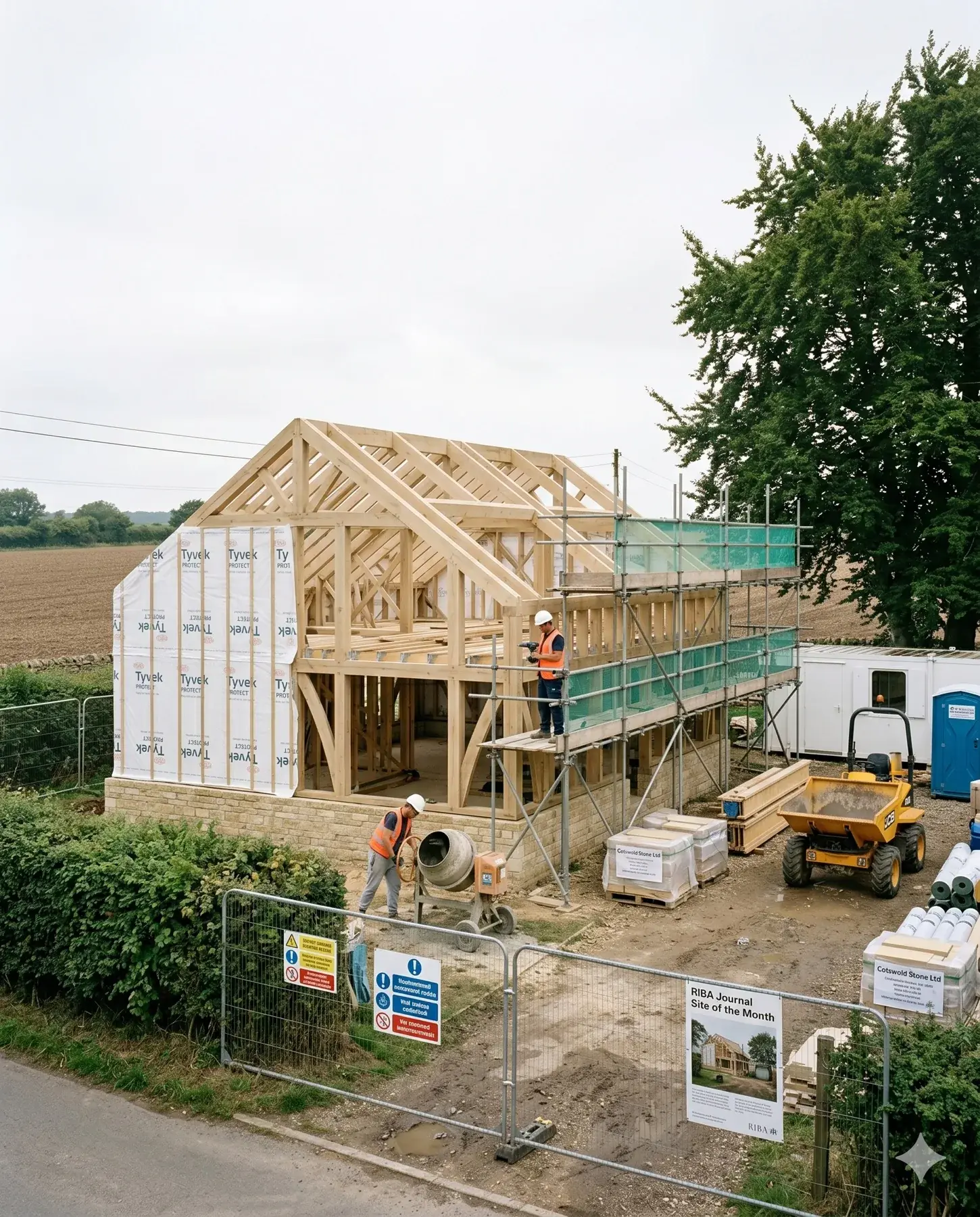 Mid-build — Timber frame on Cotswold stone base, month 7