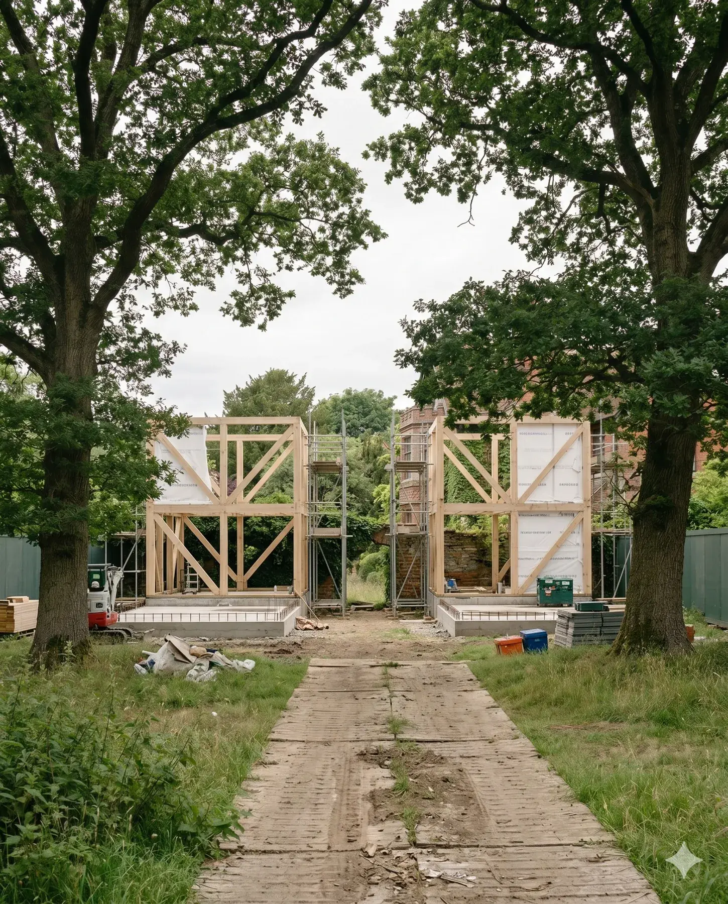 Mid-build — Foundations and timber frame, both plots