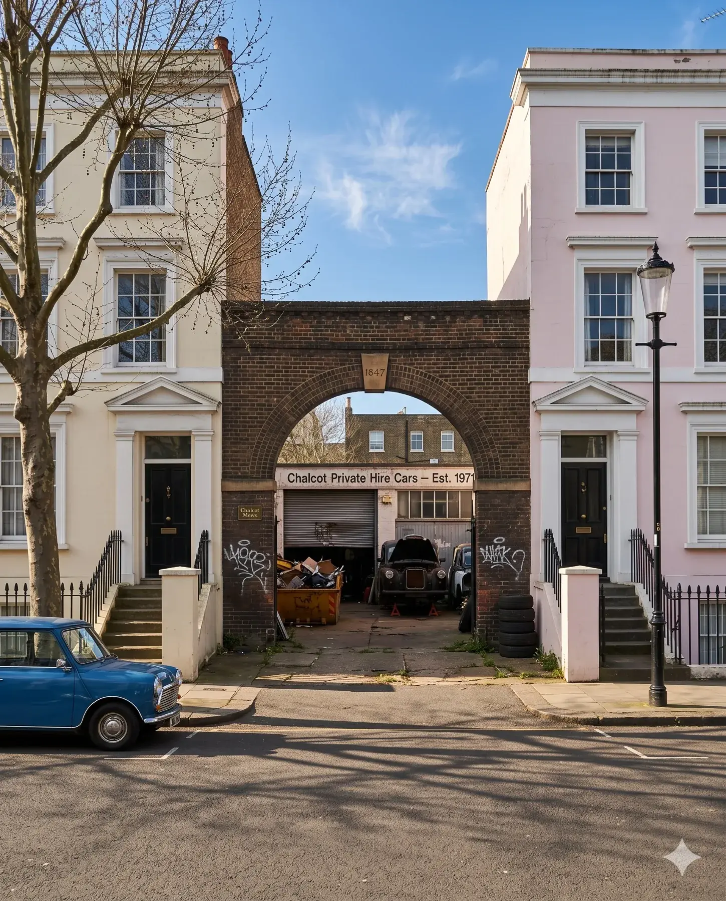 Before — Neglected cab-garage yard behind the 1847 archway