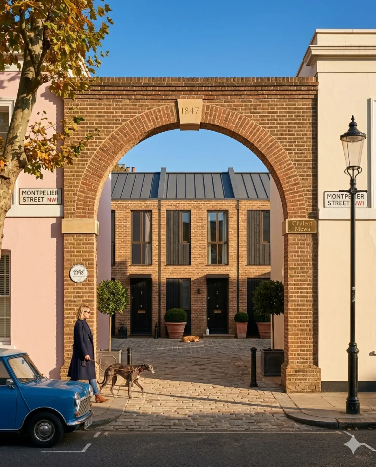 Completion — Three mews townhouses around a York-stone courtyard