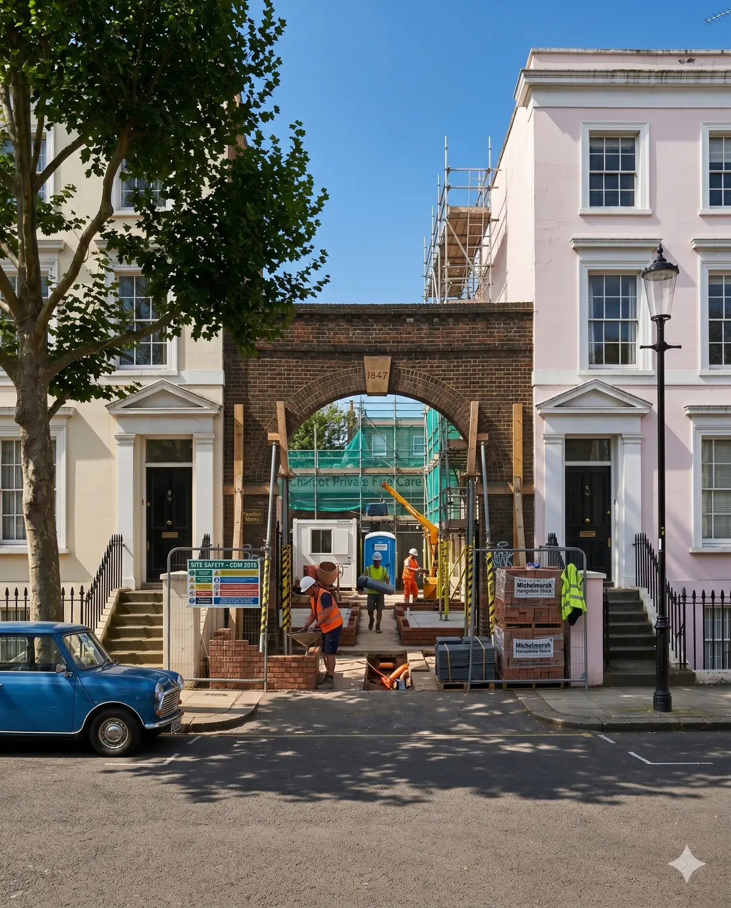 Mid-build — Three plots, crew on the footprint, archway propped