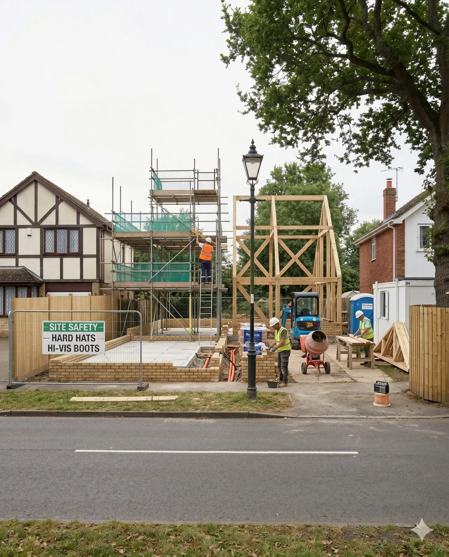 Mid-build — Cleared plot, two separate foundations, crew on site