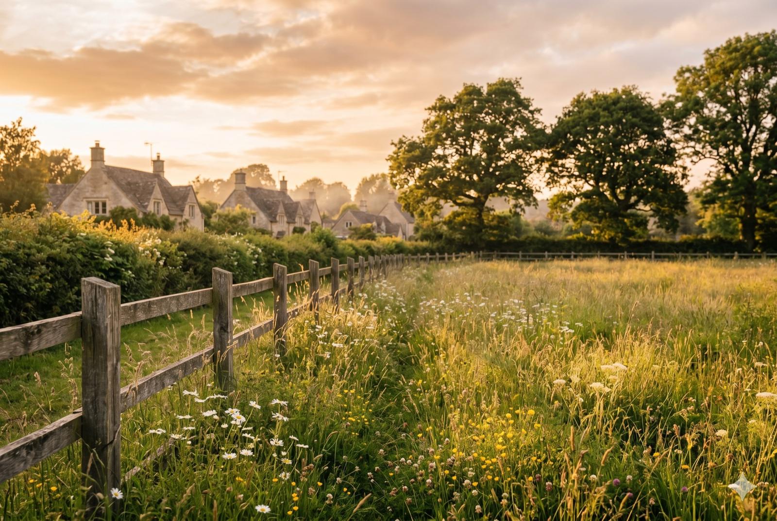 An under-used grassy plot in an English village at golden hour, ready for a single home.