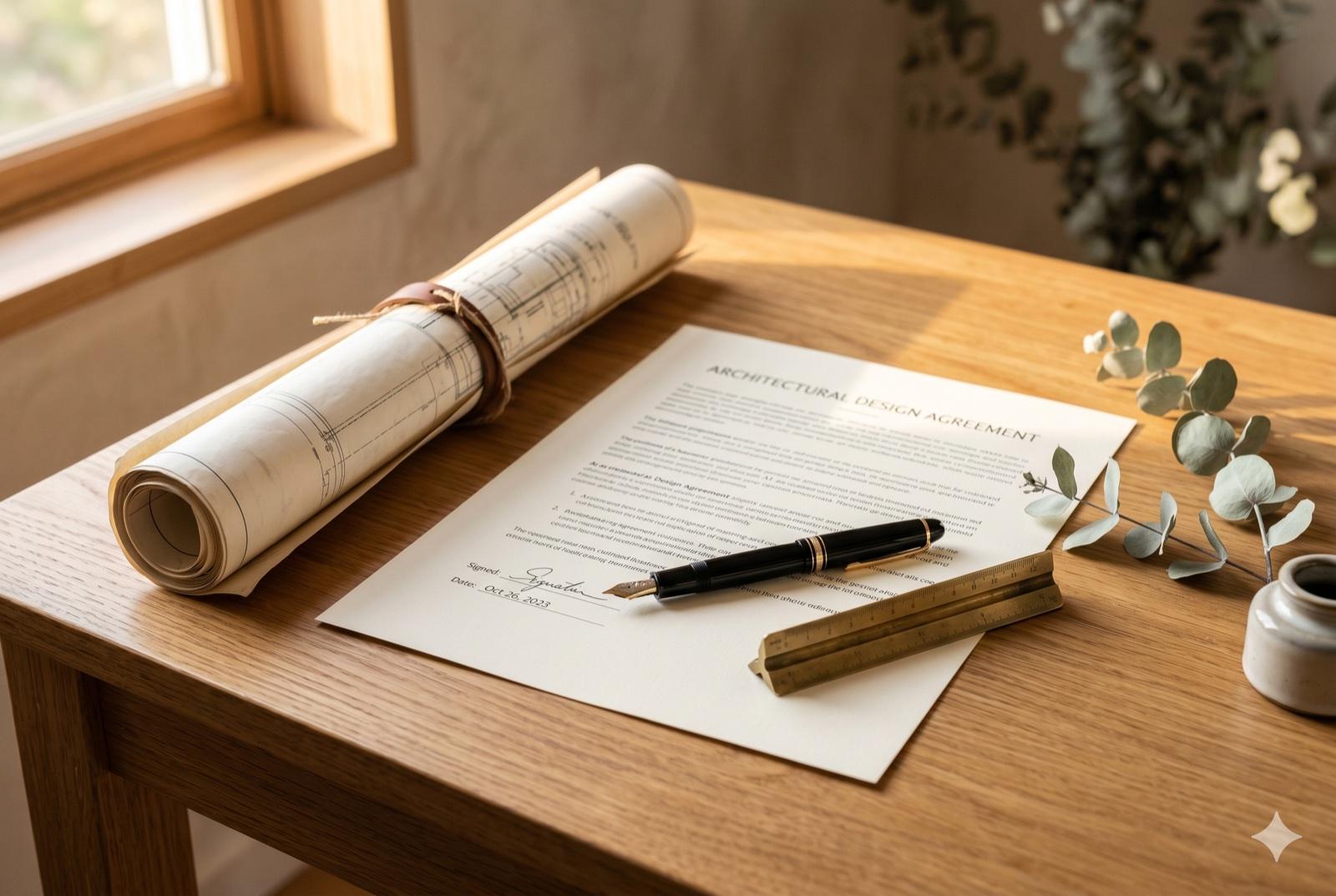 A signed option agreement and rolled architectural drawings on a warm oak desk.