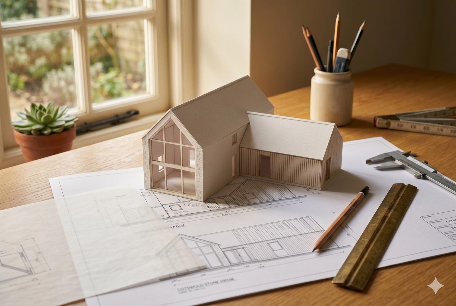 A white scale model of a Cotswold-stone house resting on its elevation drawings.