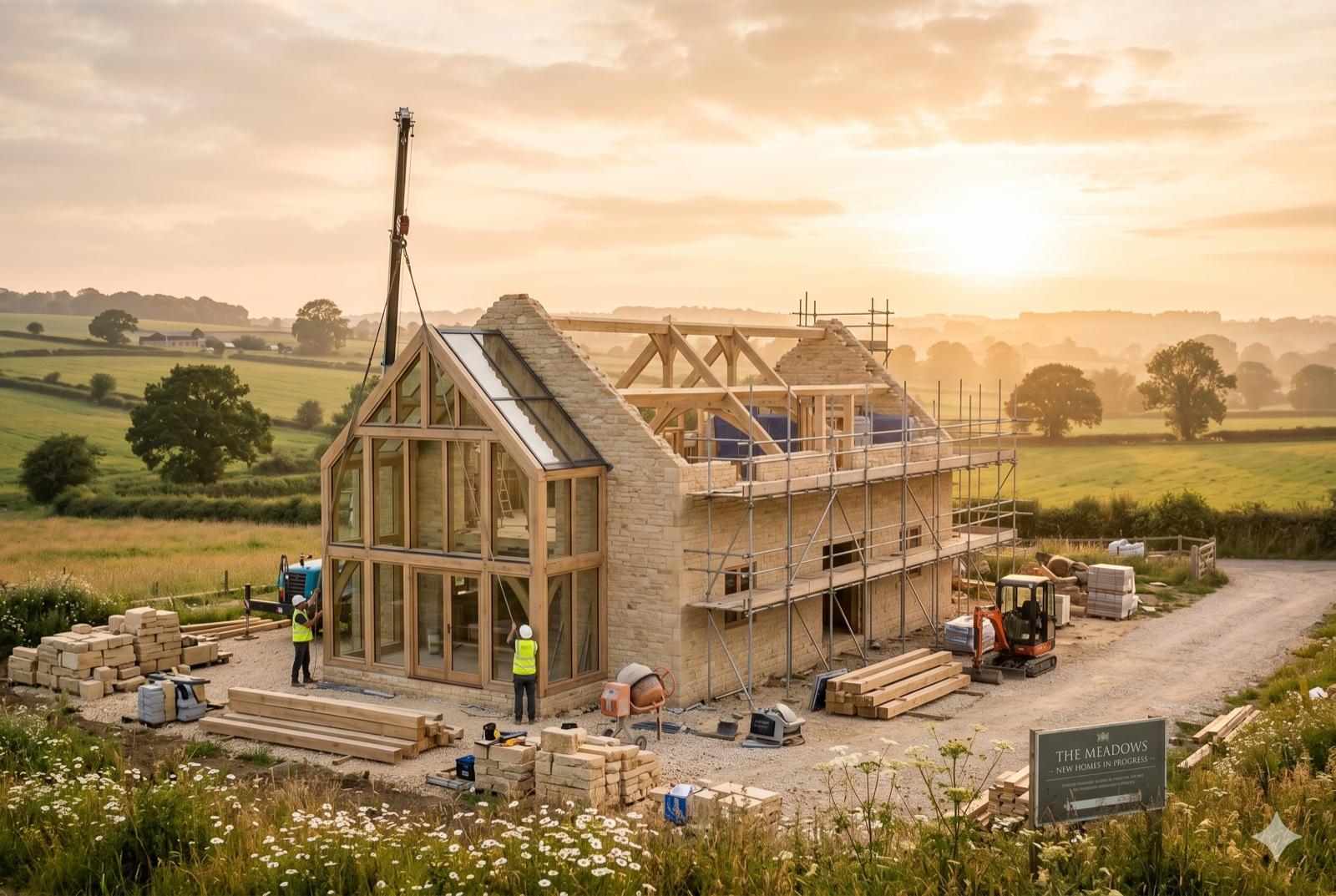 A Cotswold-stone and timber house under construction at golden hour.